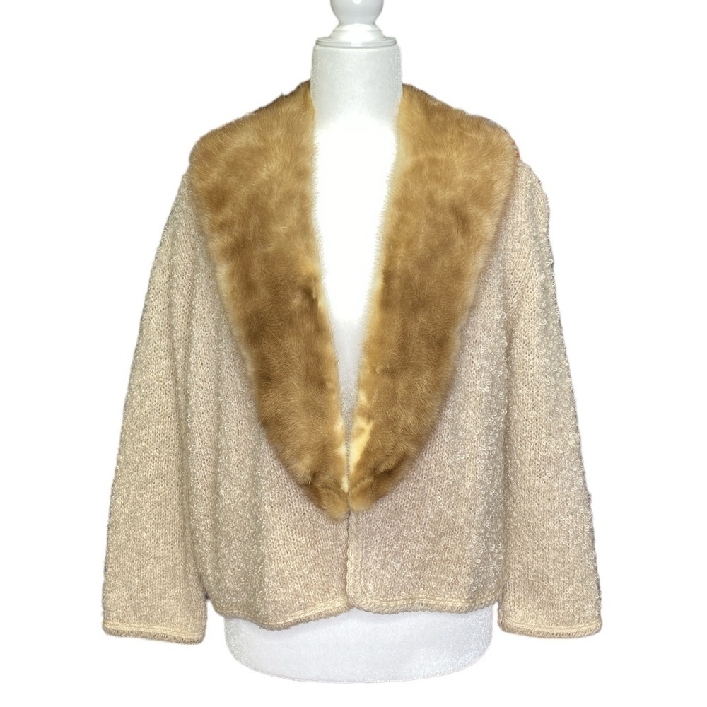 Furs by Reichbart Vintage Mink Fur Collar Knit Cardigan Sweater Beige‎